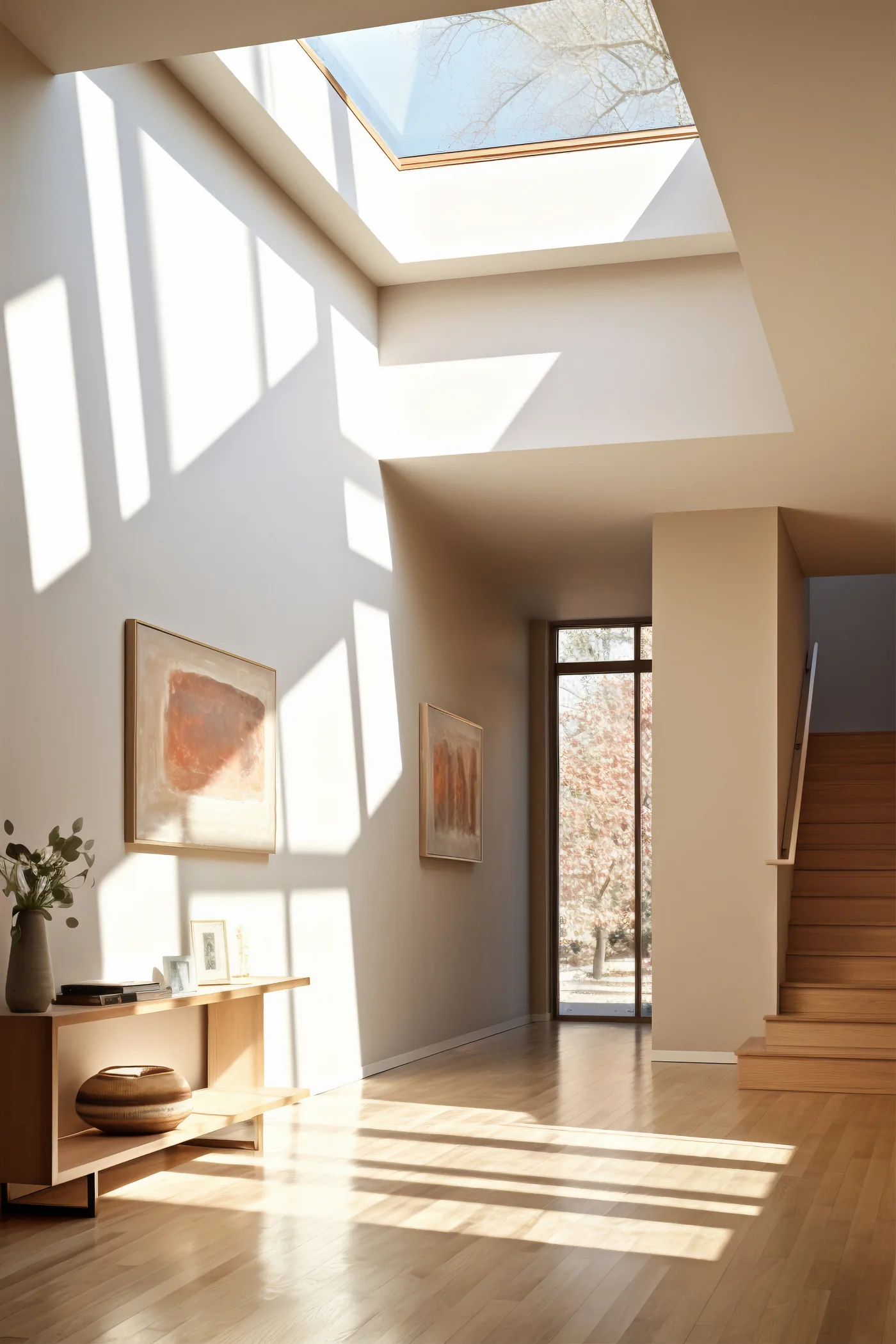 Entrée lumineuse avec parquet et ombres de fenêtres